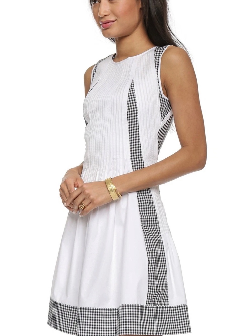 Diane Von Furstenberg White Sleeveless A-Line Dress with Black Gingham Trim